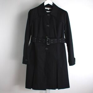 Kenneth Cole New York Belted Trench Coat Women's L Black Pleated Classic Large‎